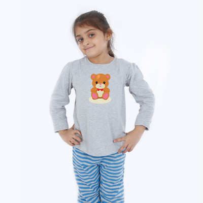 Grey Full Sleeve Girls Pyjama - Teddy