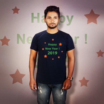 Men Round Neck Blue T-Shirt - Happy New Year