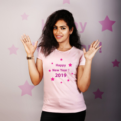 Women Round Neck Pink Tops - Happy New Year