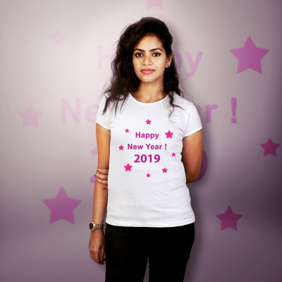 Women Round Neck White Tops - Happy New Year