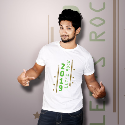 Men Round Neck White T-Shirt - Lets Rock 2019 